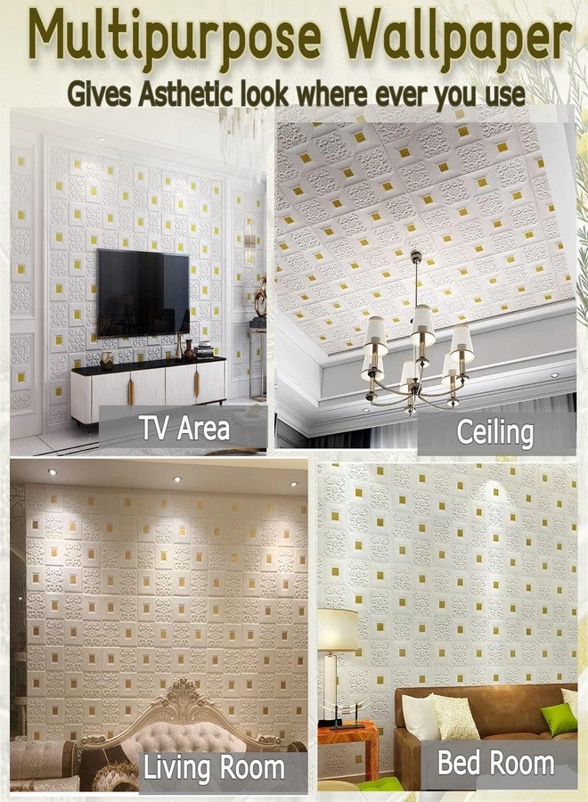 Barebeauty Foam 3D Ceiling Wallpaper for Living Room,Bedroom,Hall,Home Wall Tiles Panel,False Roof Ceiling Self-Adhesive Stickers(70 X 70 Cm) (1 Pc,Whitegold) - Image 3